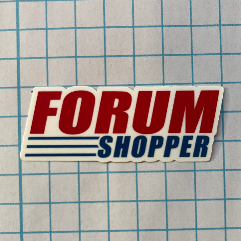 Sticker with 'FORUM SHOPPER' text on a grid background
