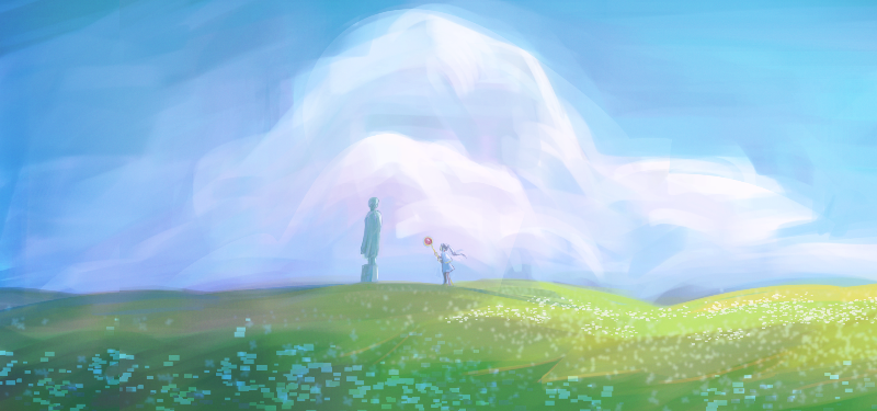 Animated scene of a character standing on a grassy hill with a large cloud in the sky